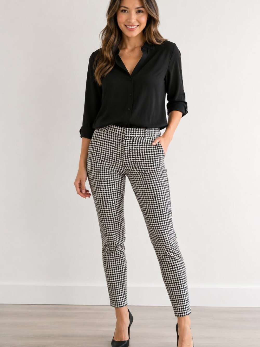 Old Navy Women Pants Size 10 Black White Houndstooth Skinny Stretch